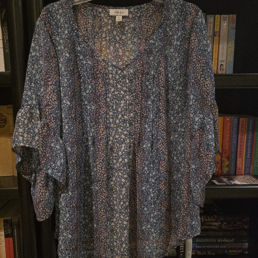 Style & Co. Blue and Pink Floral Slightly Sheer Blouse